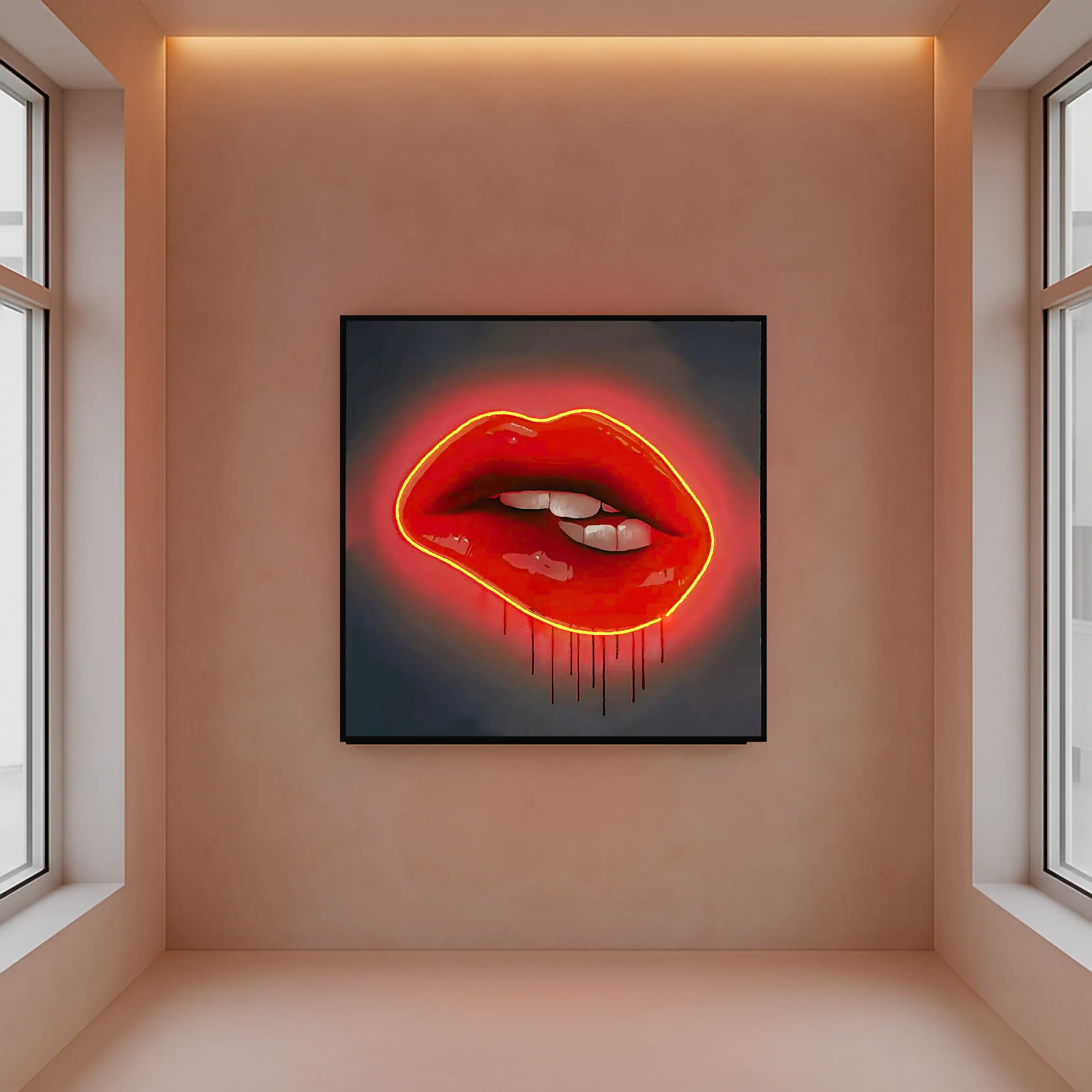 Red Lips LED Wall Art | Lip Biting Red LED Canvas with Paint Drip