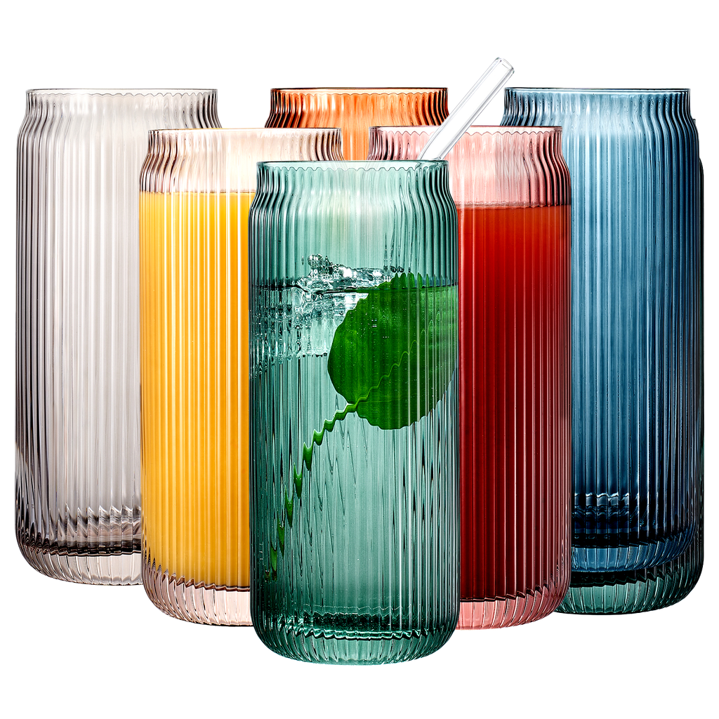 Tonal Ribbed Soda Can Highball Glassware & 6 Glass Straws, Set of 6