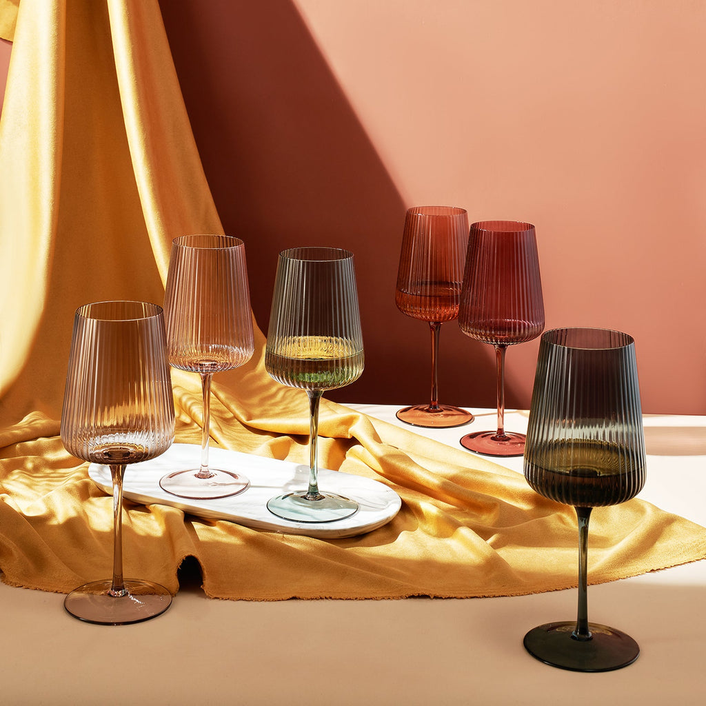 Tonal Ribbed Stemmed Wine Glassware, Set of 6
