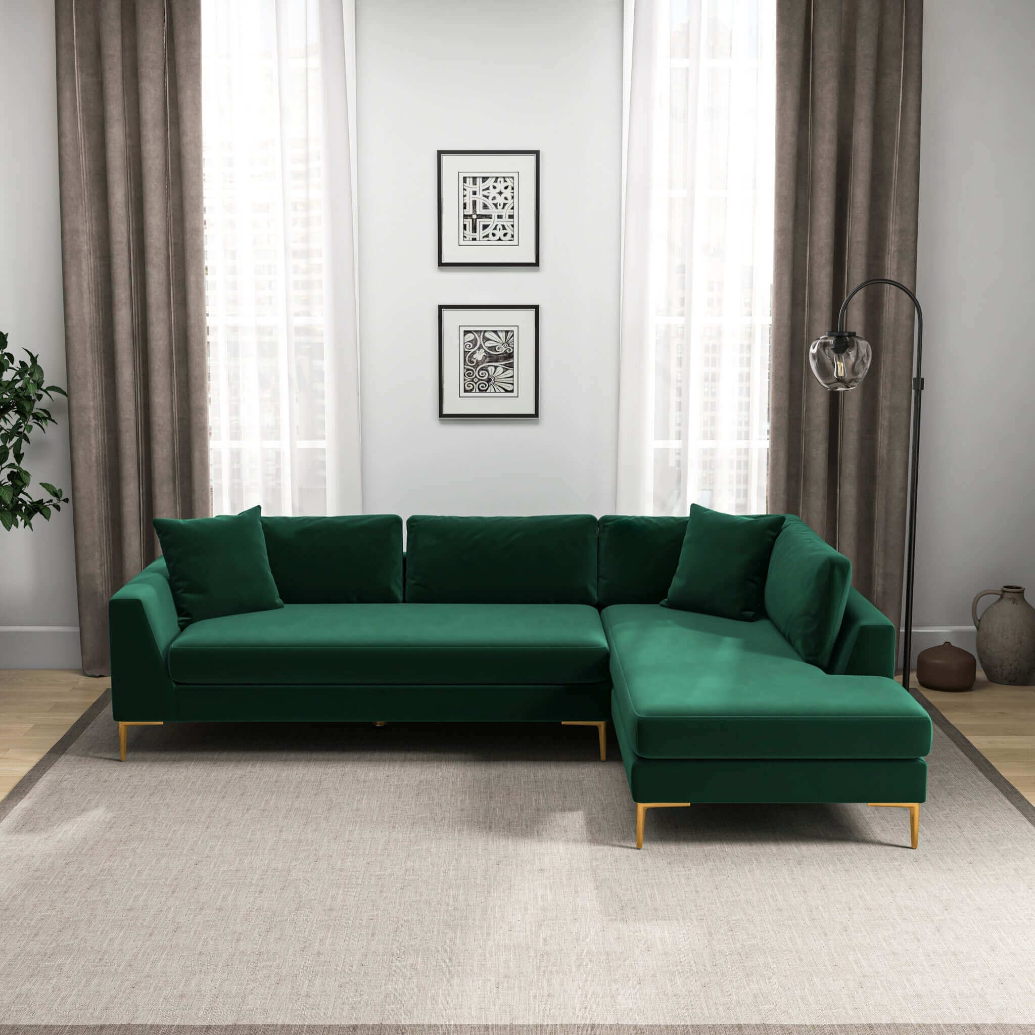 Mano  L-Shaped Velvet Sectional Sofa In Green Right Facing – Designer 