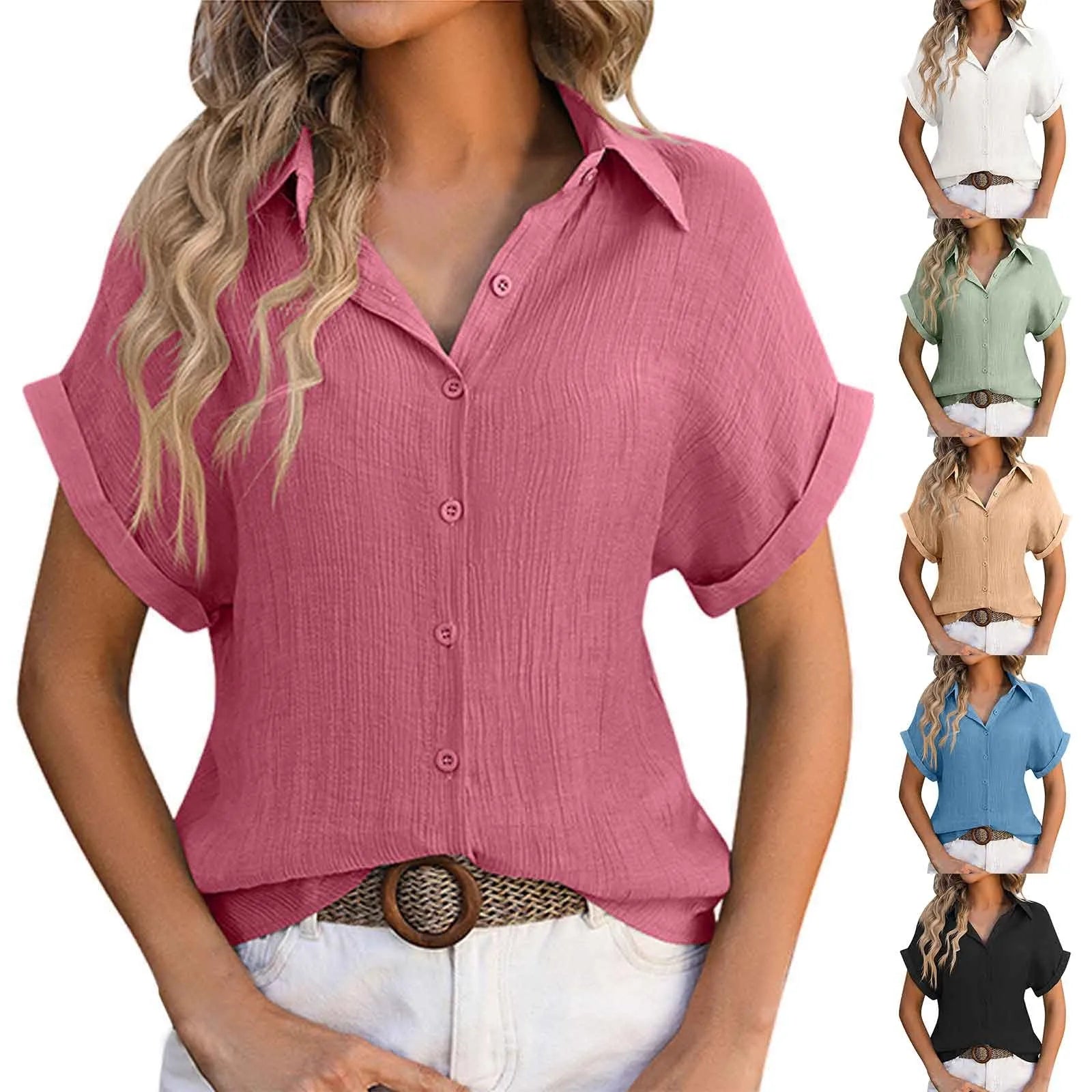 Summer Solid Color Shirts Women Cotton Linen Rolled Up Short Sleeve Slim Fit Tops Mujer Beach Style Leisure Buttons Up Blouse