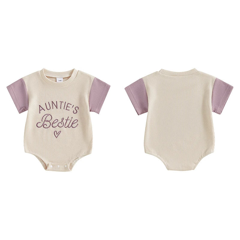 Baby Girl Auntie's Bestie Romper Contrast Color Letter Embroidery Waffle Crew Neck Short Sleeve Jumpsuit