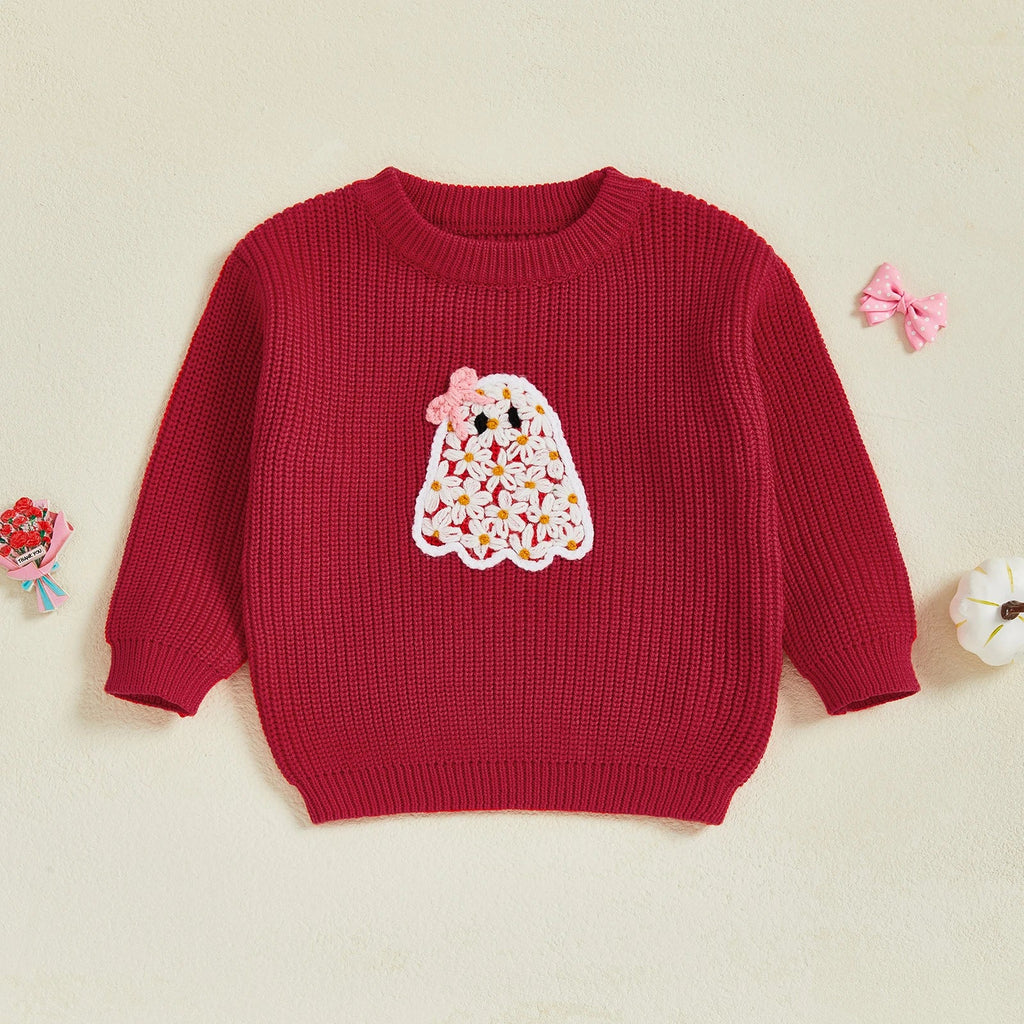 Baby Toddler Kids Girl Halloween Sweater Long Sleeve Round Neck Ghost Flower Embroidery Knit Pullover Top