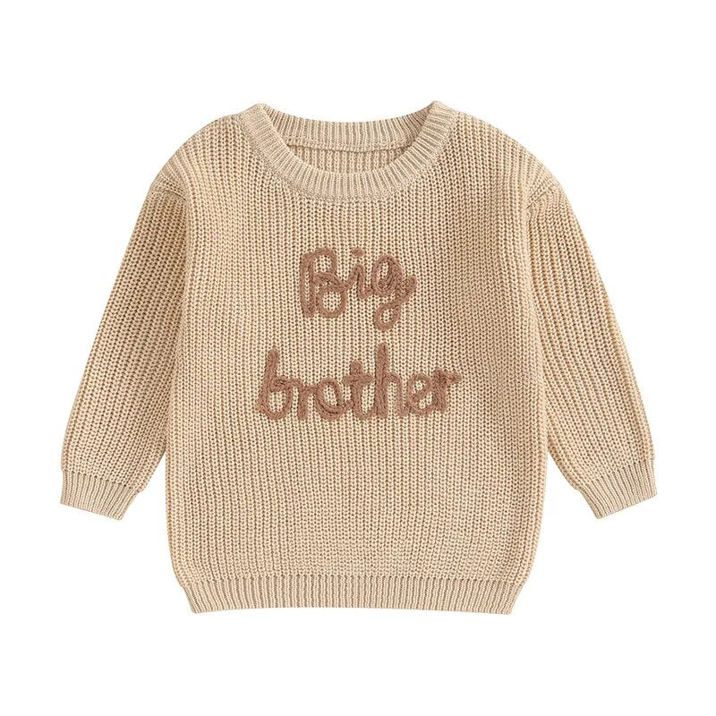 Toddler Kids Boys Sweaters Cotton Long Sleeve Letter Embroidery Big Brother Pullover Loose Knitwear Top