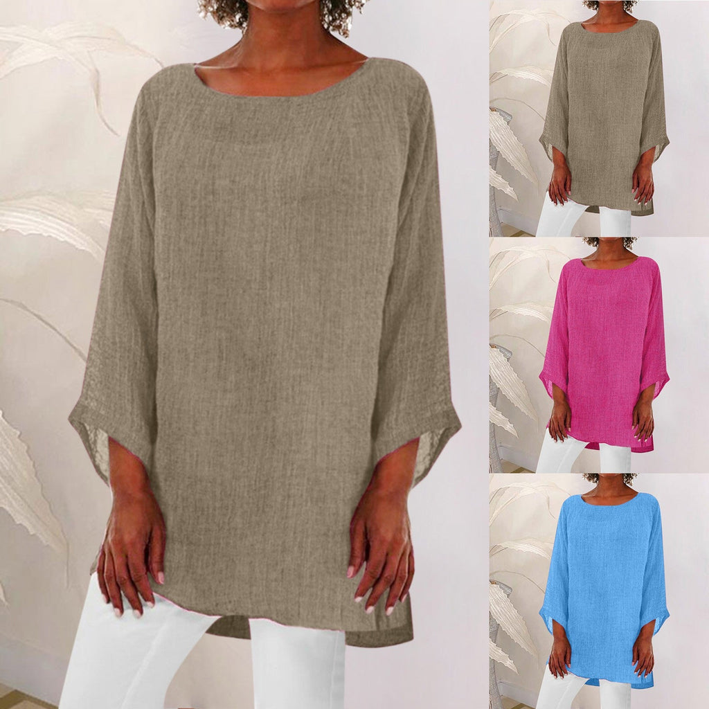 Vintage Cotton Linen Blouse Loose Blouses Summer Shirts Casual Long Sleeve Round Neck Solid Shirt