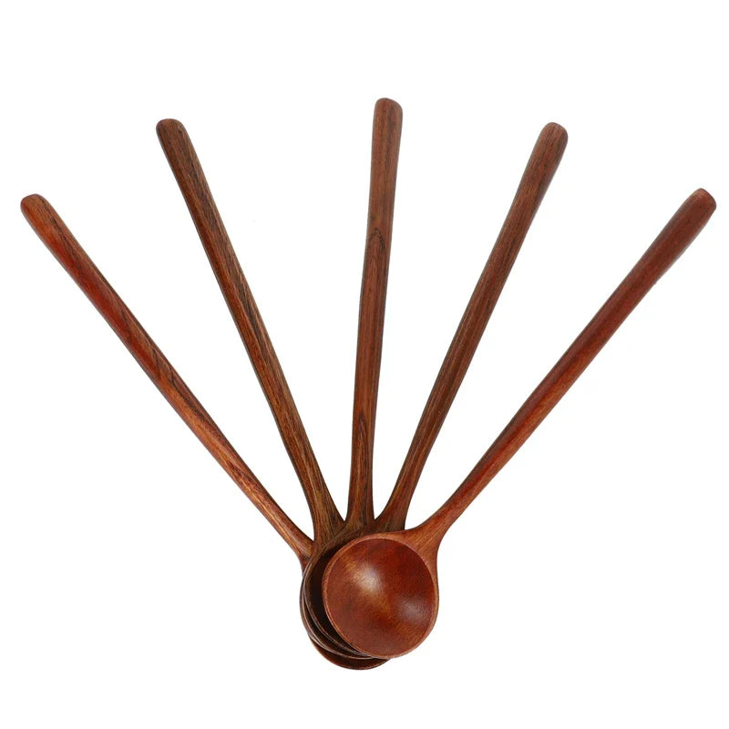 Korean Style 5 Pcs Long Spoons Wooden 10.9 inches 100% Natural Wood  Handle Round  for Soup Cooking Mixing Stirrer