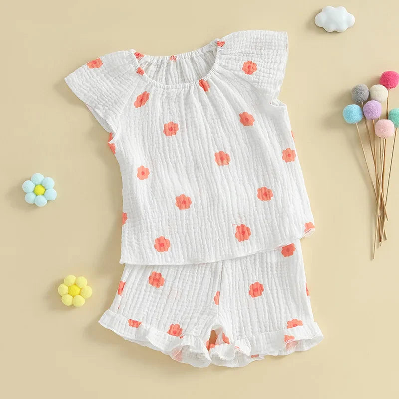 Baby Toddler Girls 2Pcs Floral Outfit Cap Sleeve T-shirt Top Elastic Waist Ruffle Shorts Summer Set