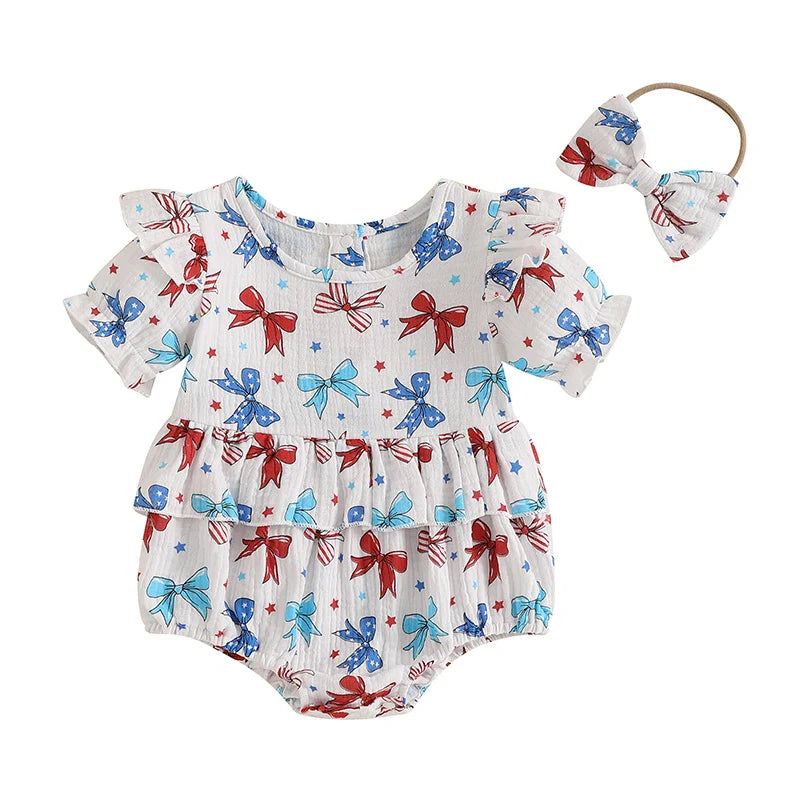 Baby Girl 2Pcs 4th of July Outfit Love Heart Star Pattern Ruffled Crew Neck Short Sleeve Romper & Bow Headband Set