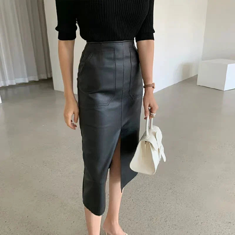 Slim Straight Faux Leather Skirt Women Chic Split Design Fashion