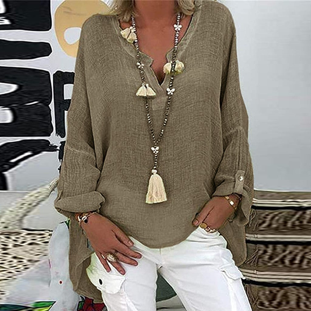 Plus Size Women's Top Summer V Neck Solid Casual Short Sleeve Blouse
