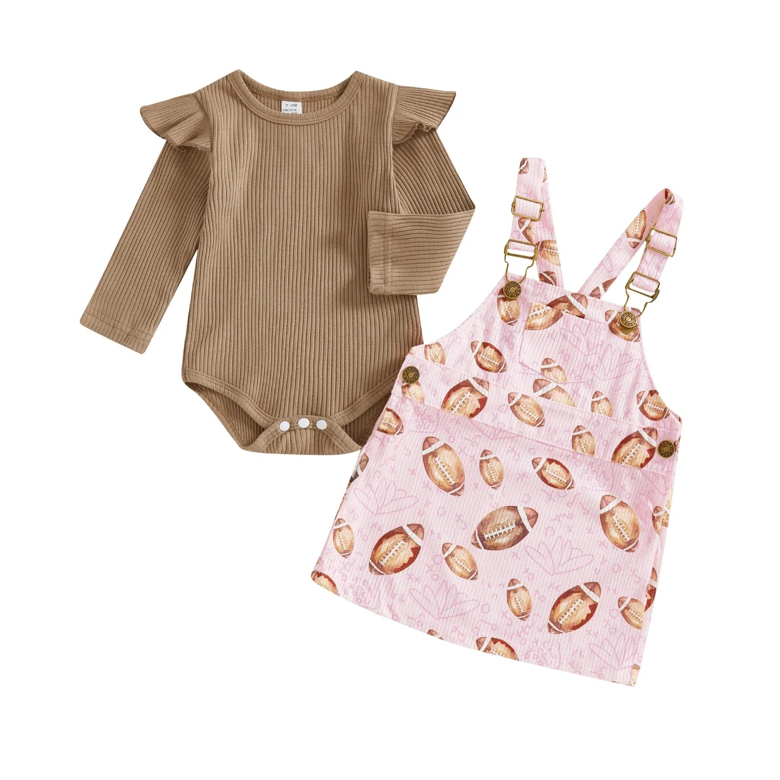 Baby Toddler Girls 2Pcs Fall Outfit Long Sleeve Romper + Football Print Overall Dress Set Clothes