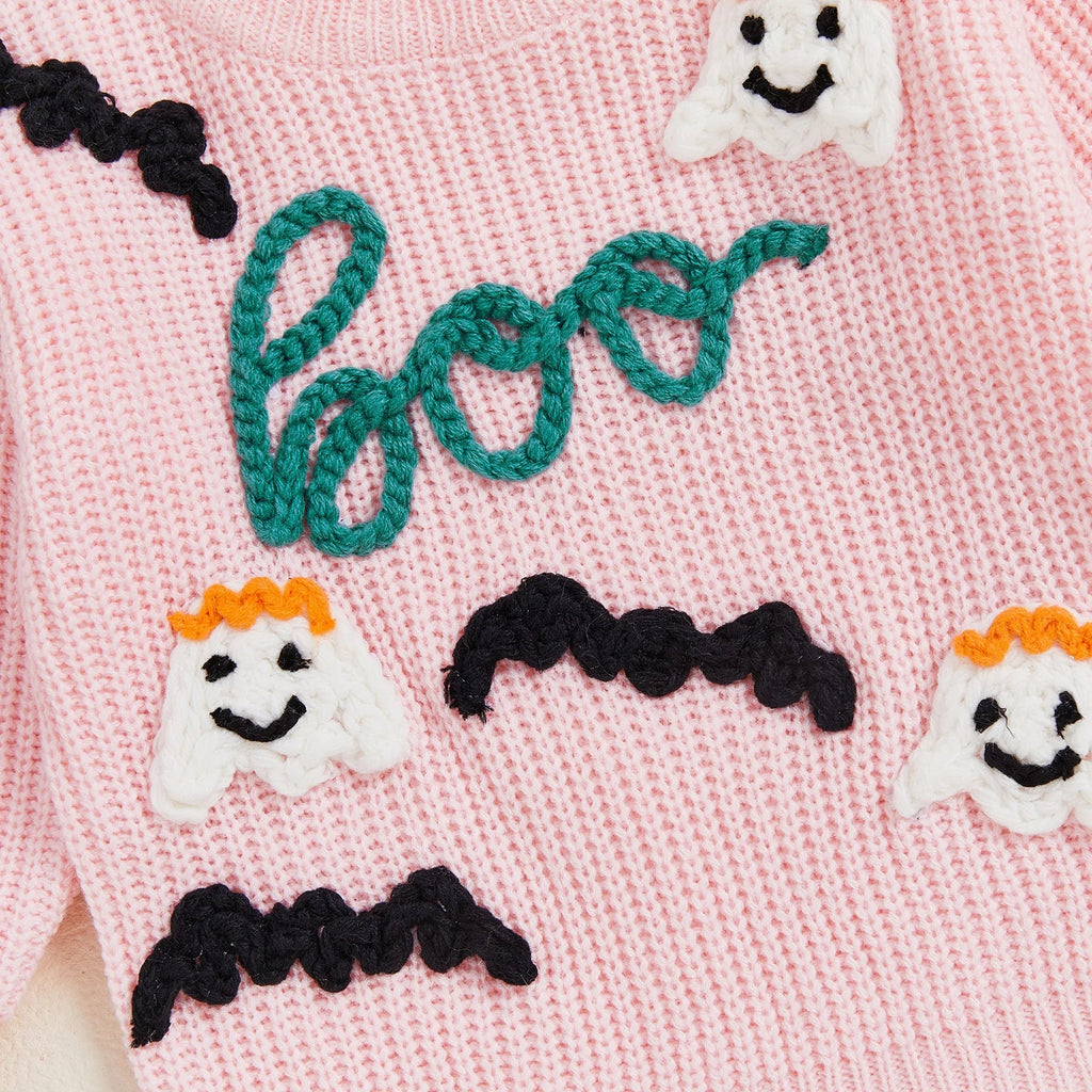Baby Toddler Girls Halloween Sweater Long Sleeve Round Neck Letter Boo Ghost Embroidery Knit Pullover Top