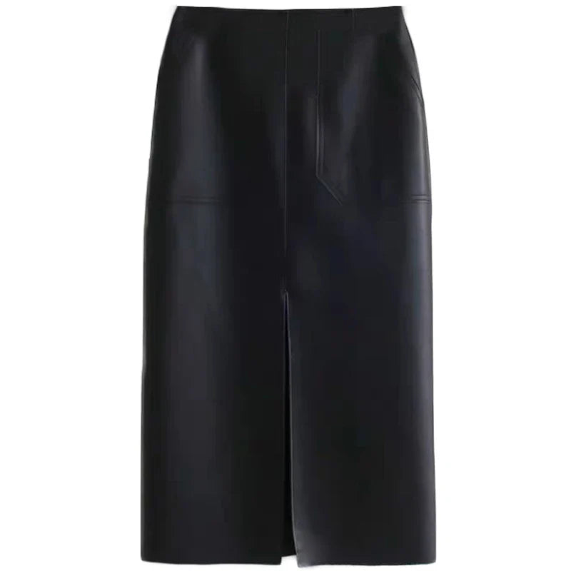 Slim Straight Faux Leather Skirt Women Chic Split Design Fashion