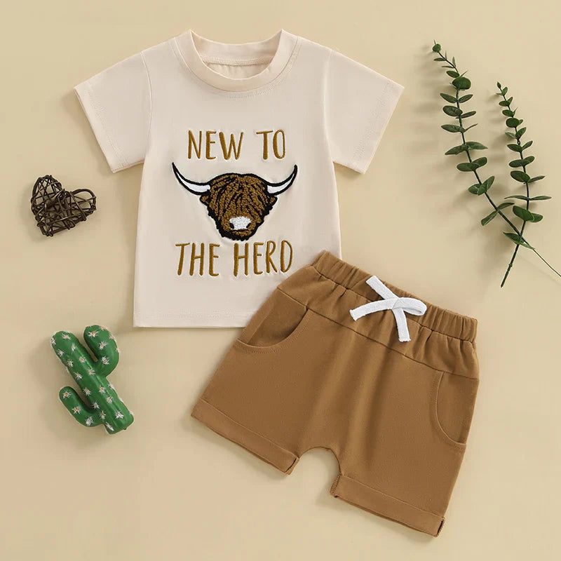 Baby Toddler Boys 2Pcs New To The Herd Summer Outfit Letter Cow Embroidery Round Neck Short Sleeve T-Shirt Top Elastic Waist Shorts Set
