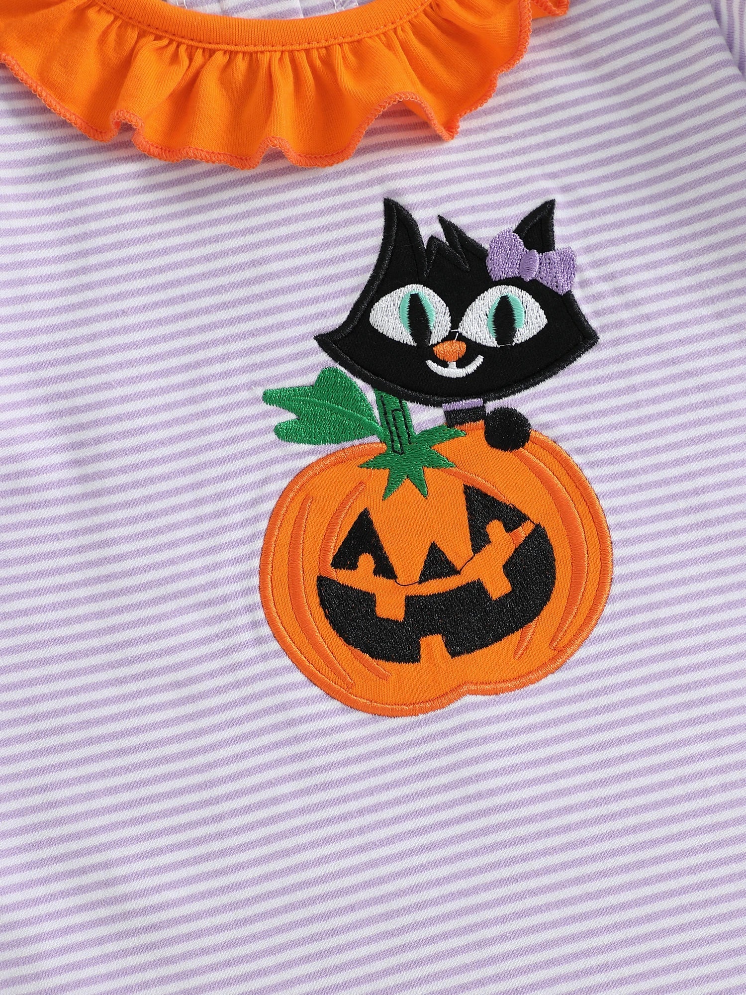 Baby Toddler Kids Girl Halloween Striped Dress Pumpkin Black Cat Embroidered Short Sleeve Ruffled Dress Cute Fall Clothes