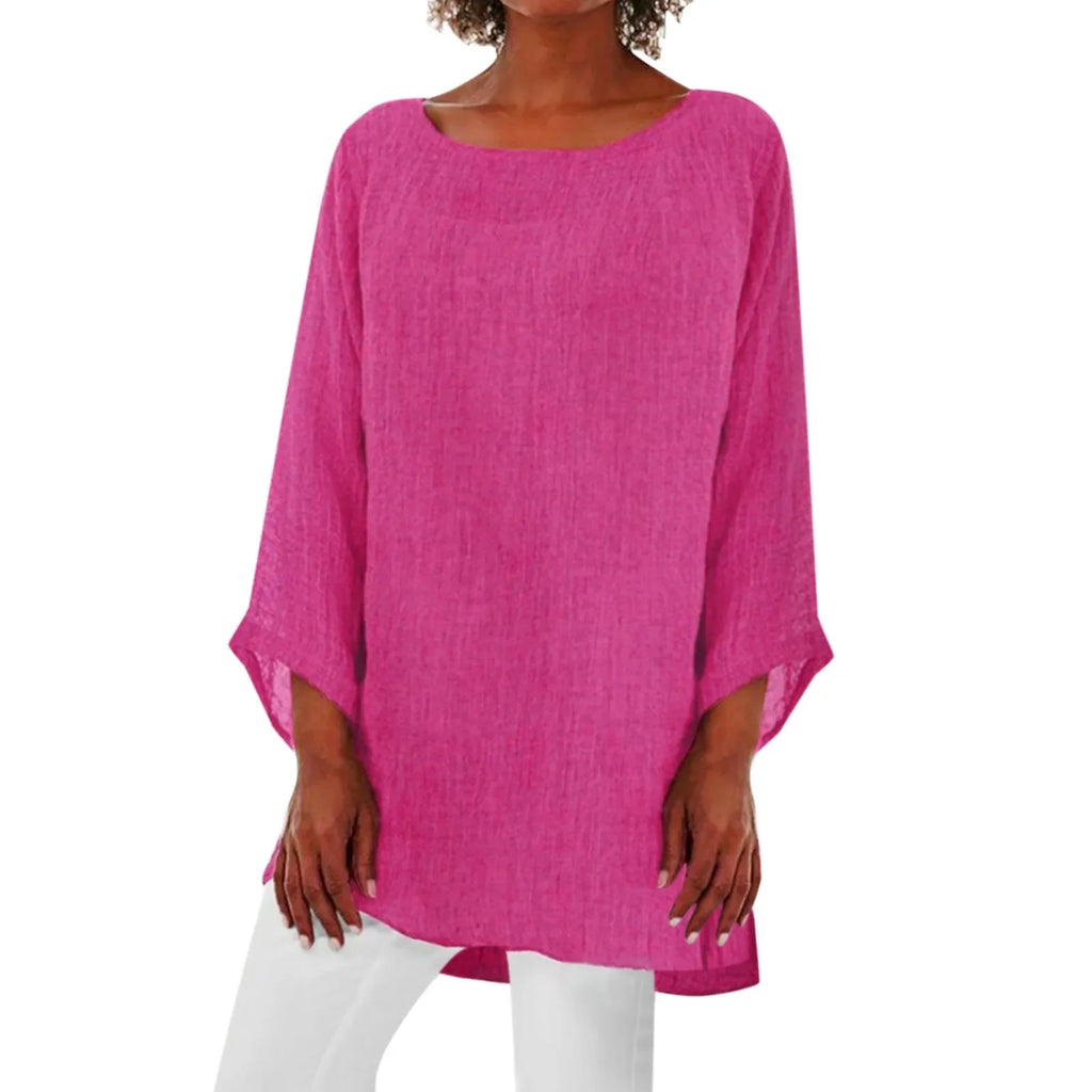 Vintage Cotton Linen Blouse Loose Blouses Summer Shirts Casual Long Sleeve Round Neck Solid Shirt