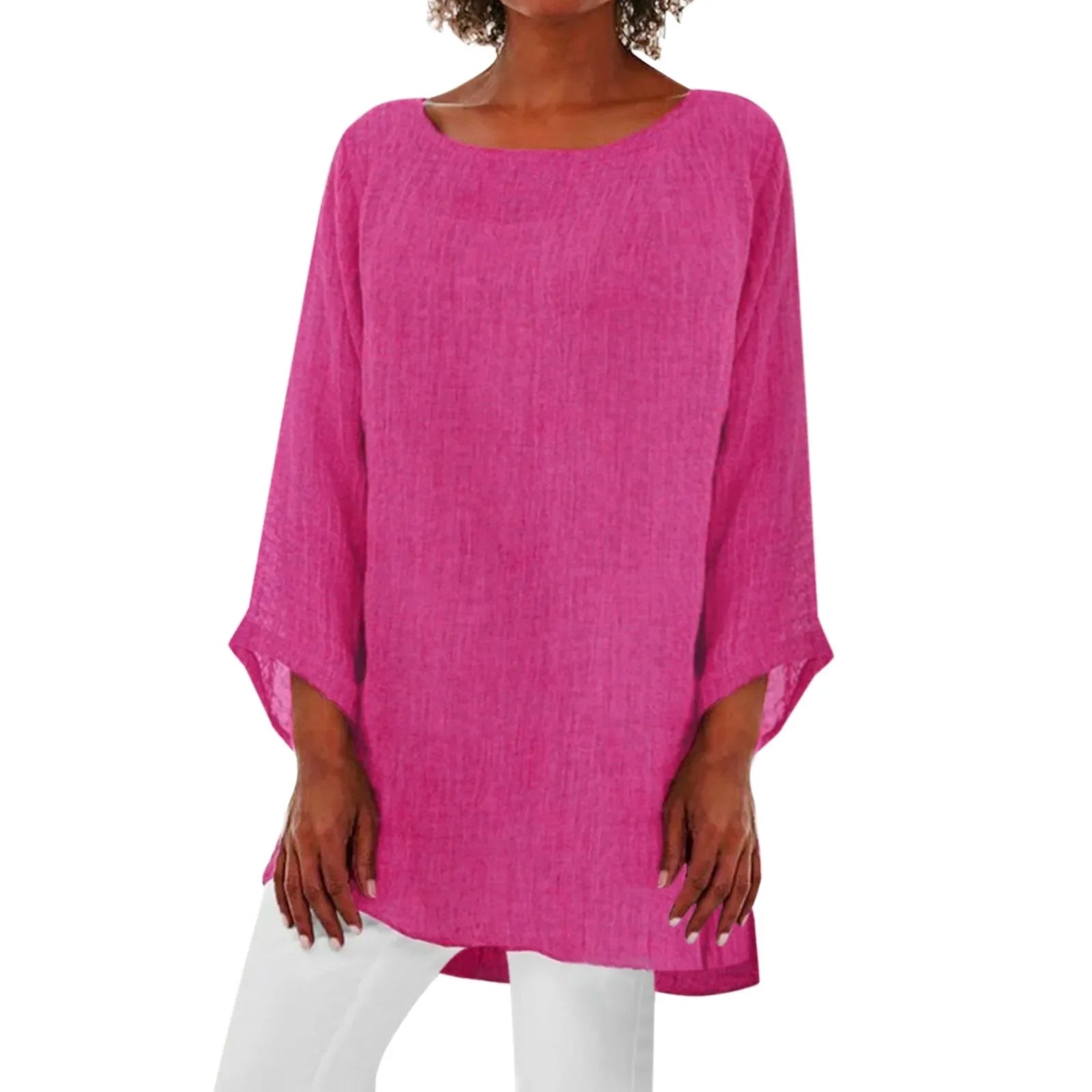 Vintage Cotton Linen Blouse Loose Blouses Summer Shirts Casual Long Sleeve Round Neck Solid Shirt