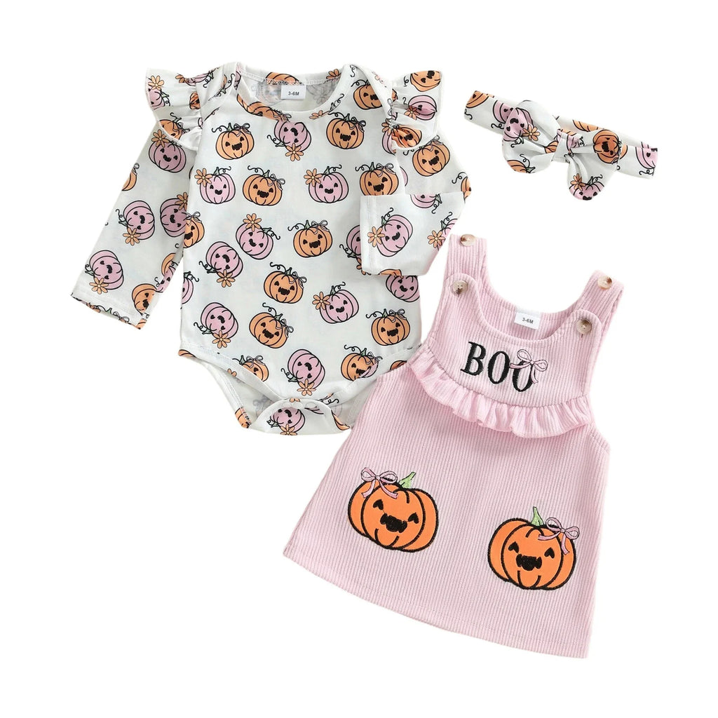 Baby Girls 3Pcs Halloween Outfit Pumpkin Print Long Sleeves Romper and Overall Tank Dress Bow Headband Set
