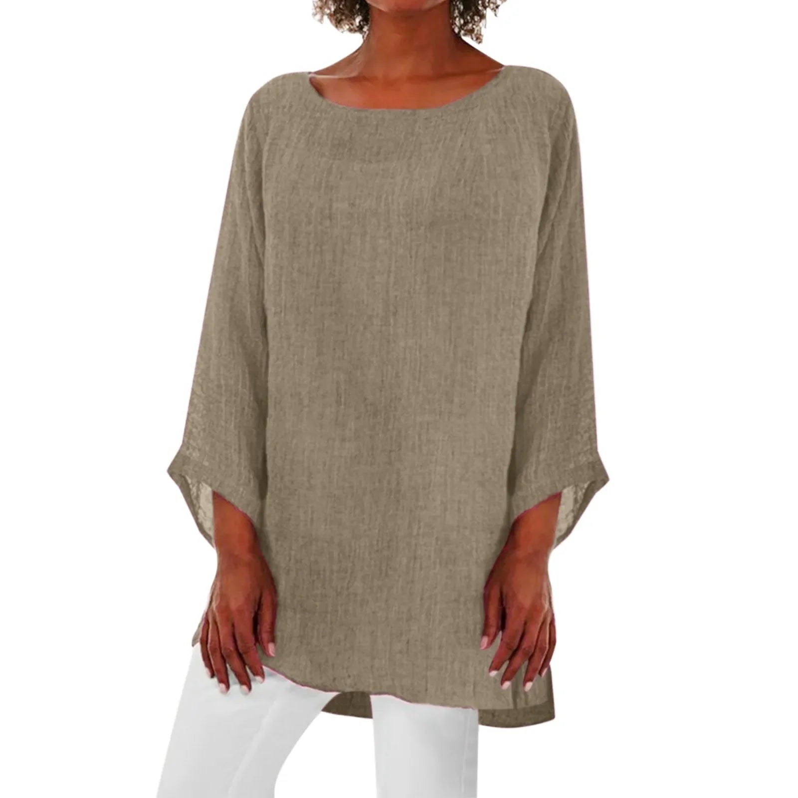Vintage Cotton Linen Blouse Loose Blouses Summer Shirts Casual Long Sleeve Round Neck Solid Shirt