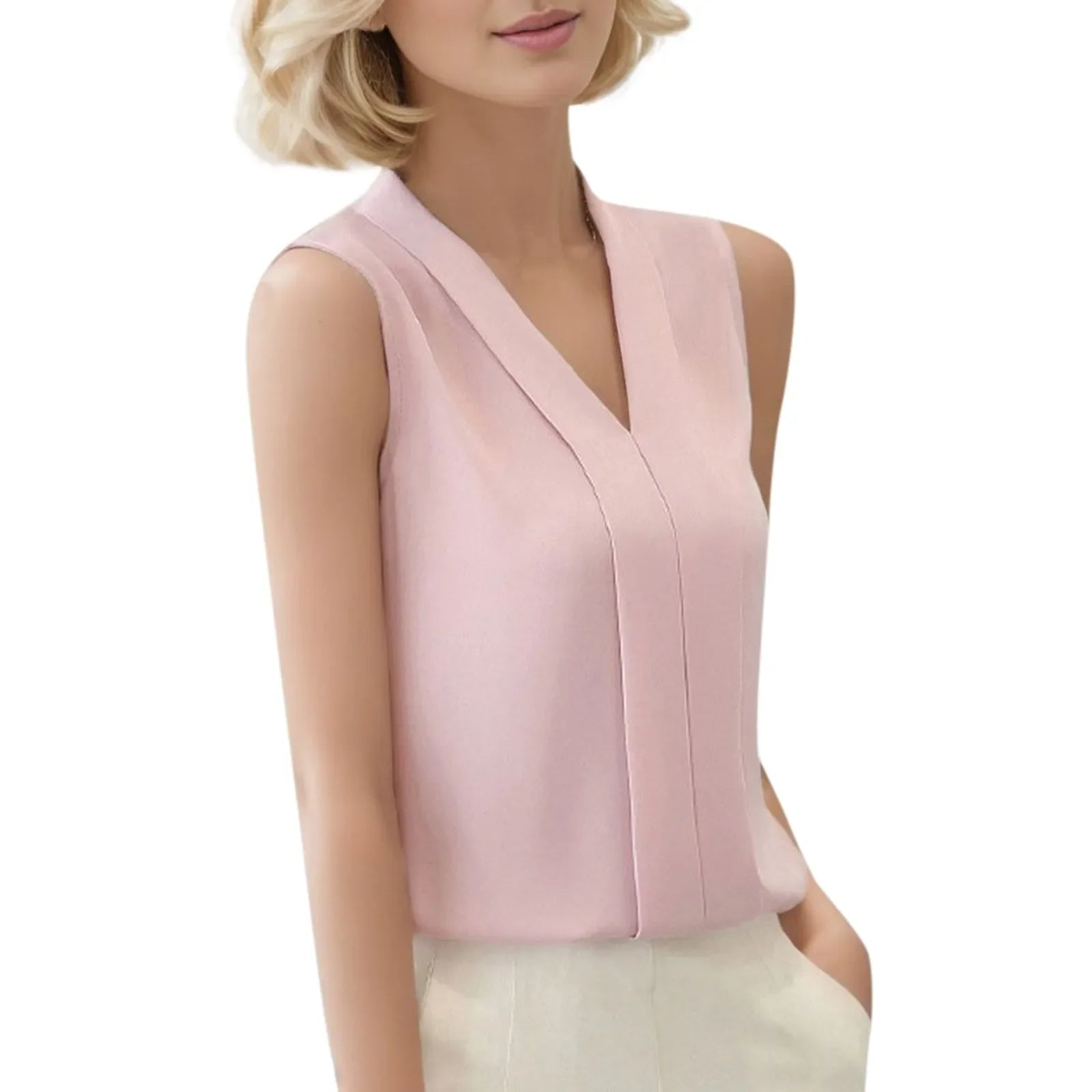 Women'S Blouse Satin Top Elegant V Neck Office Shirts Sleeveless Wear Chiffon Brief Casual Work Suit
