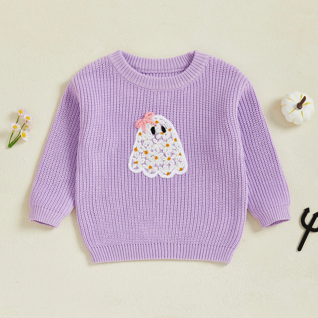 Baby Toddler Kids Girl Halloween Sweater Long Sleeve Round Neck Ghost Flower Embroidery Knit Pullover Top