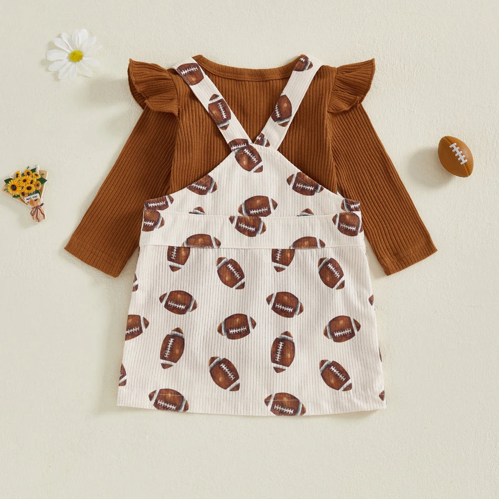 Baby Toddler Girls 2Pcs Fall Outfit Long Sleeve Romper + Football Print Overall Dress Set Clothes