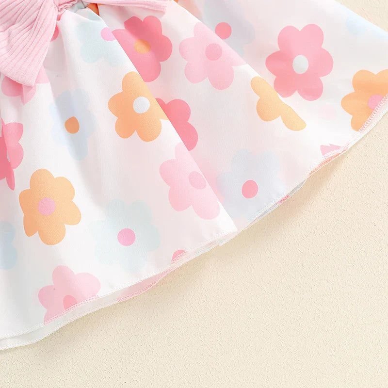 Baby Girls 3Pcs Fall Outfit Long Sleeve Ribbed Romper + Bow Suspender Flower Print Skirt + Headband Set