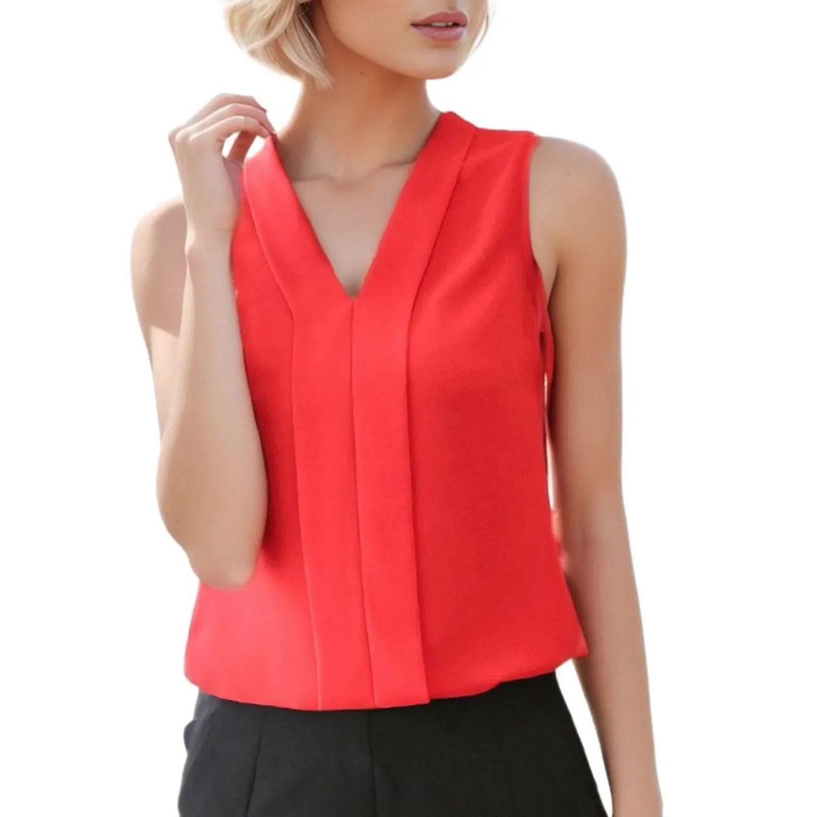Women'S Blouse Satin Top Elegant V Neck Office Shirts Sleeveless Wear Chiffon Brief Casual Work Suit