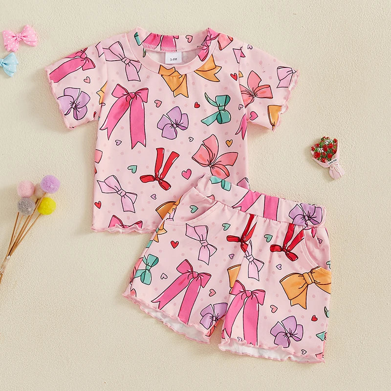 Baby Toddler Kids Girls 2Pcs Summer Outfit Bow Print Crew Neck Short Sleeve T-Shirt Top Frilly Shorts Clothes Set