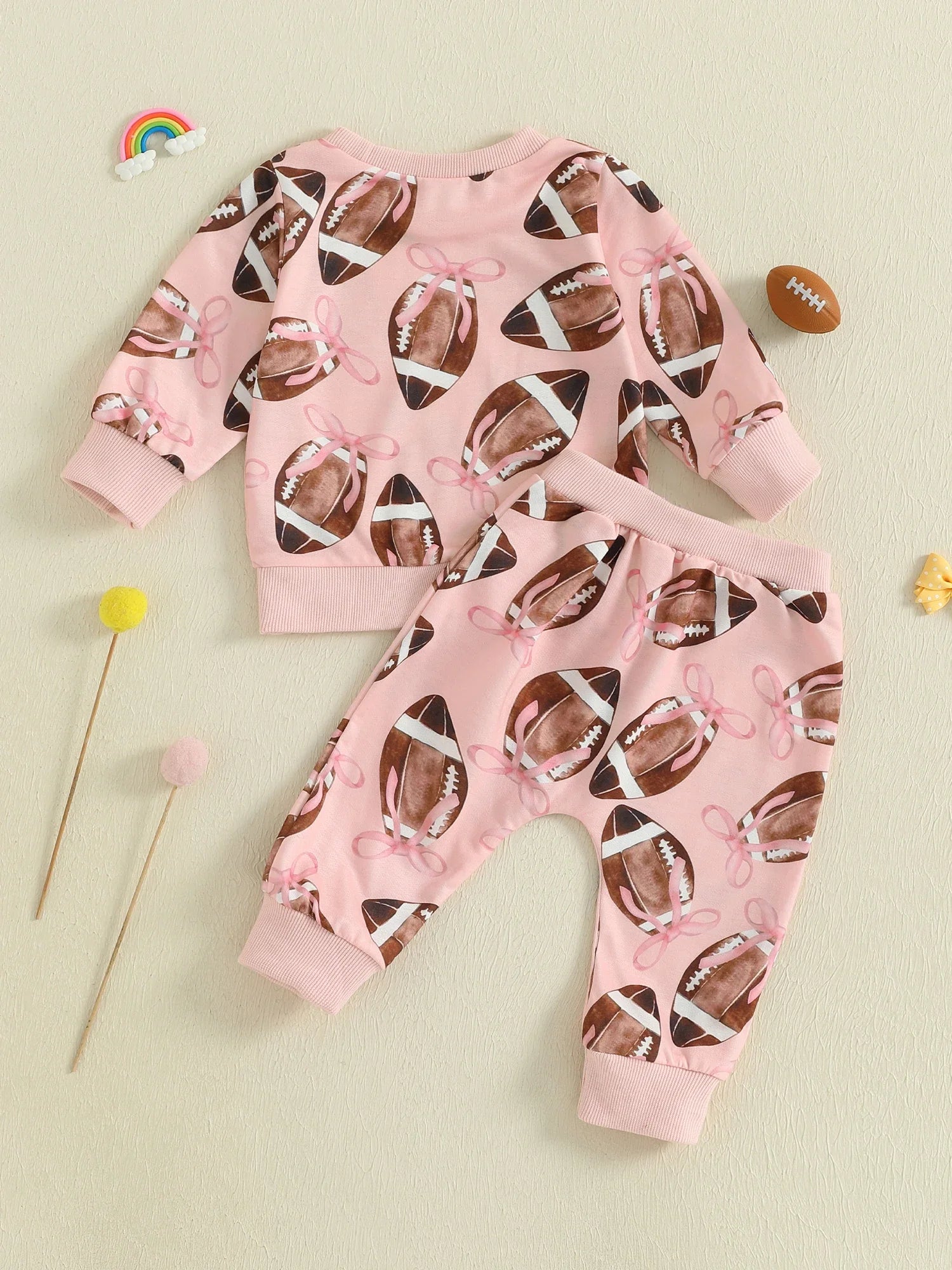 Baby Toddler Girls 2Pcs Fall Outfit Football Bow Print Crew Neck Long Sleeve Top with Pants Jogger Set