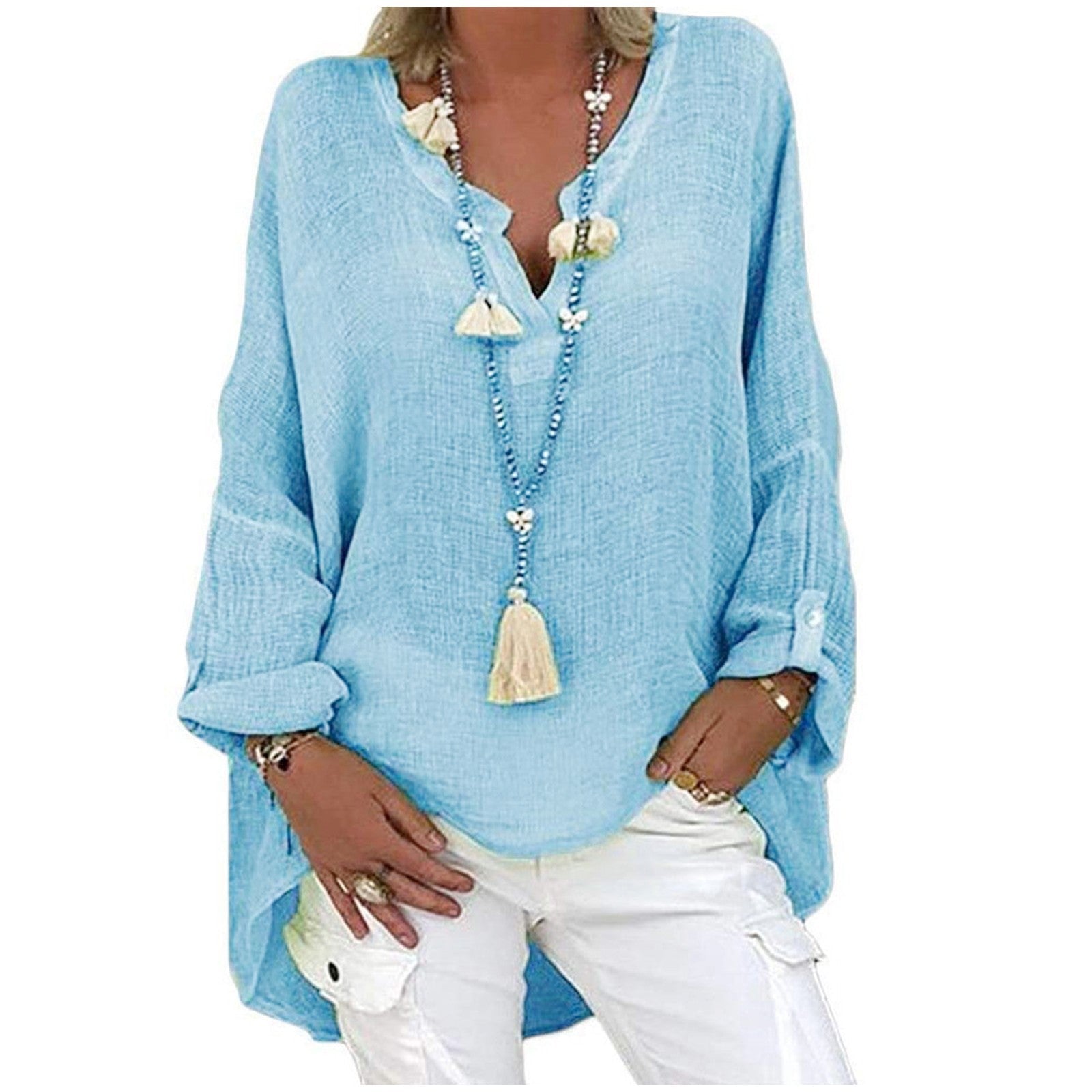 Plus Size Women's Top Summer V Neck Solid Casual Short Sleeve Blouse