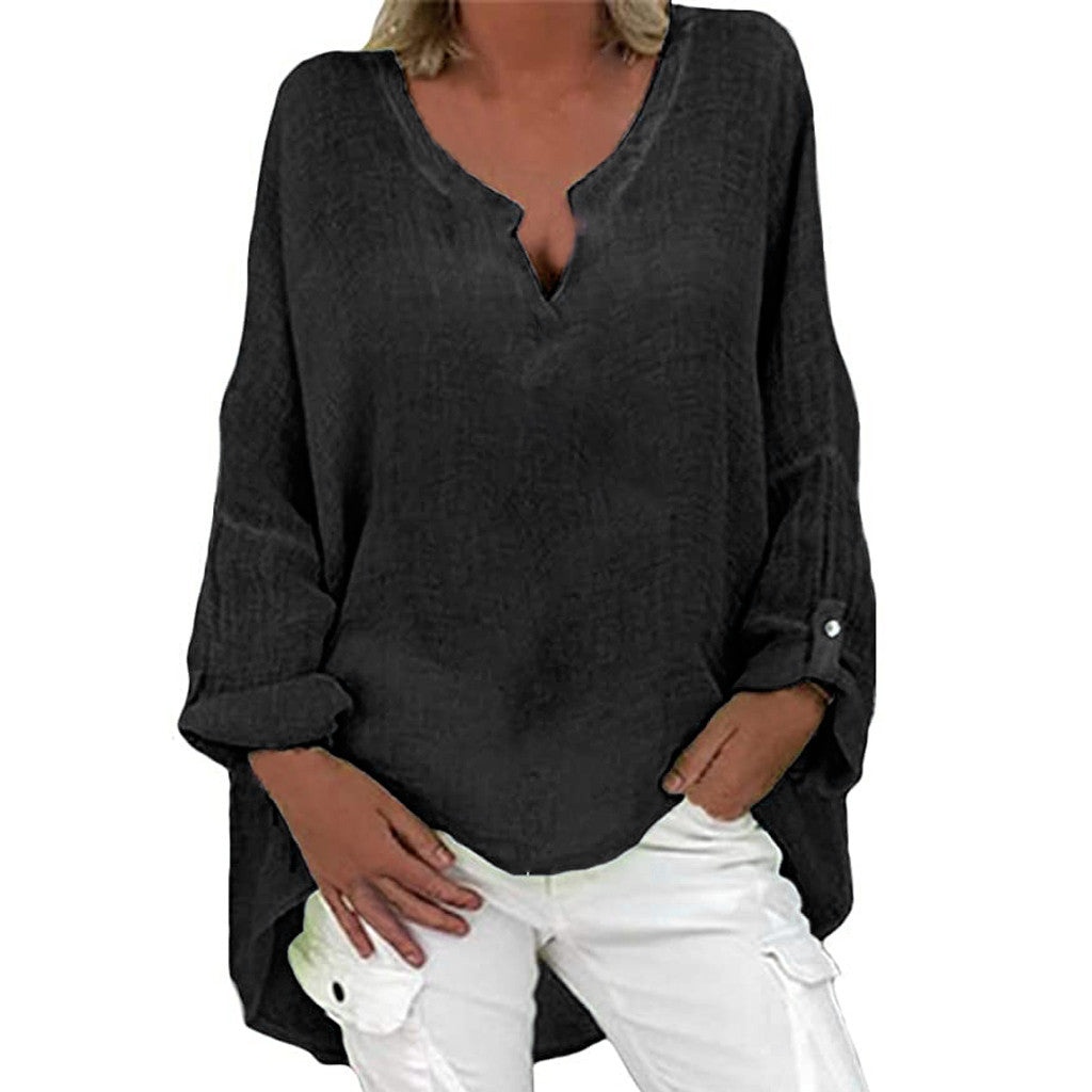 Plus Size Women's Top Summer V Neck Solid Casual Short Sleeve Blouse