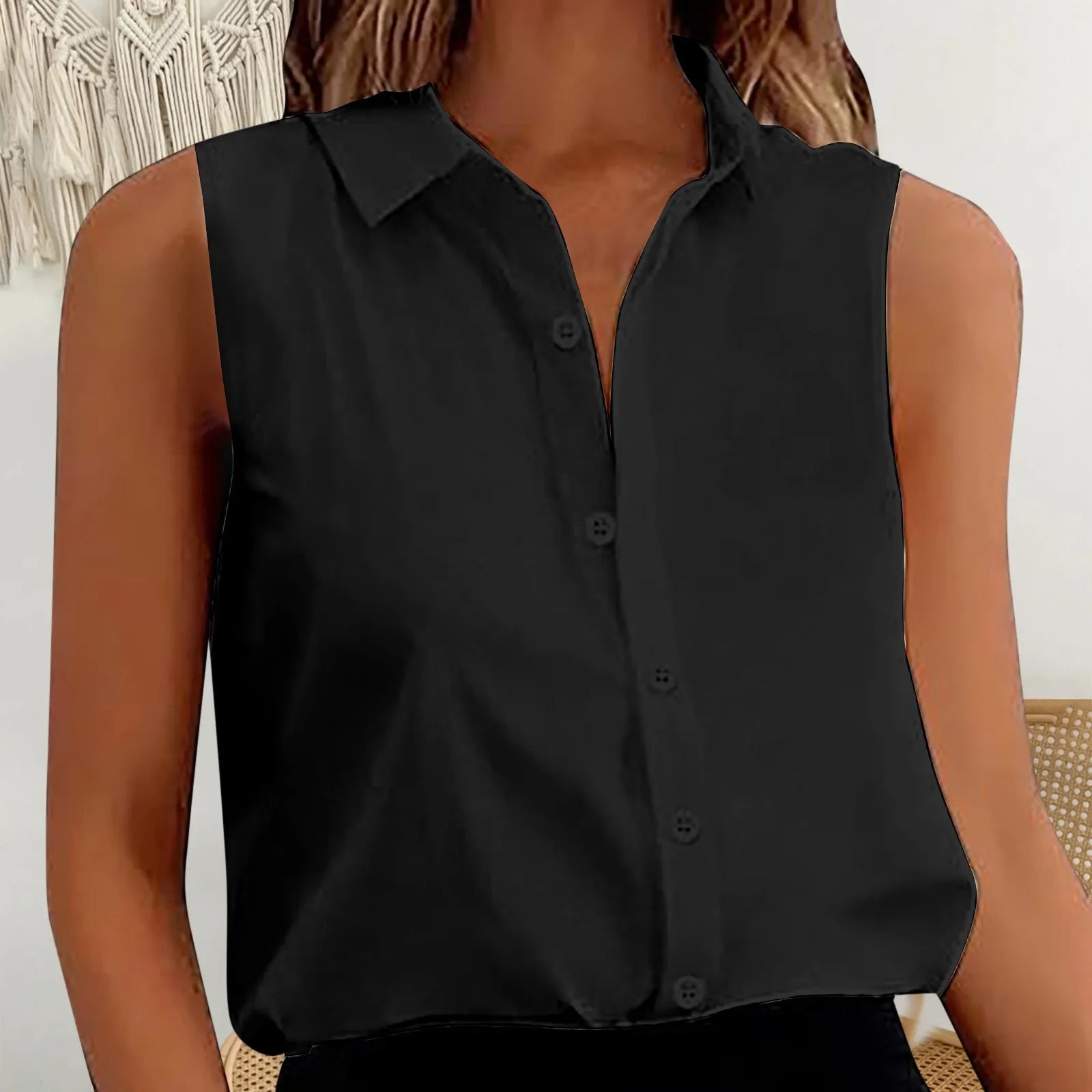 Women's Sleeveless Blouse Button Down Solid Color Casual Loose V Neck Chiffon Top for Work