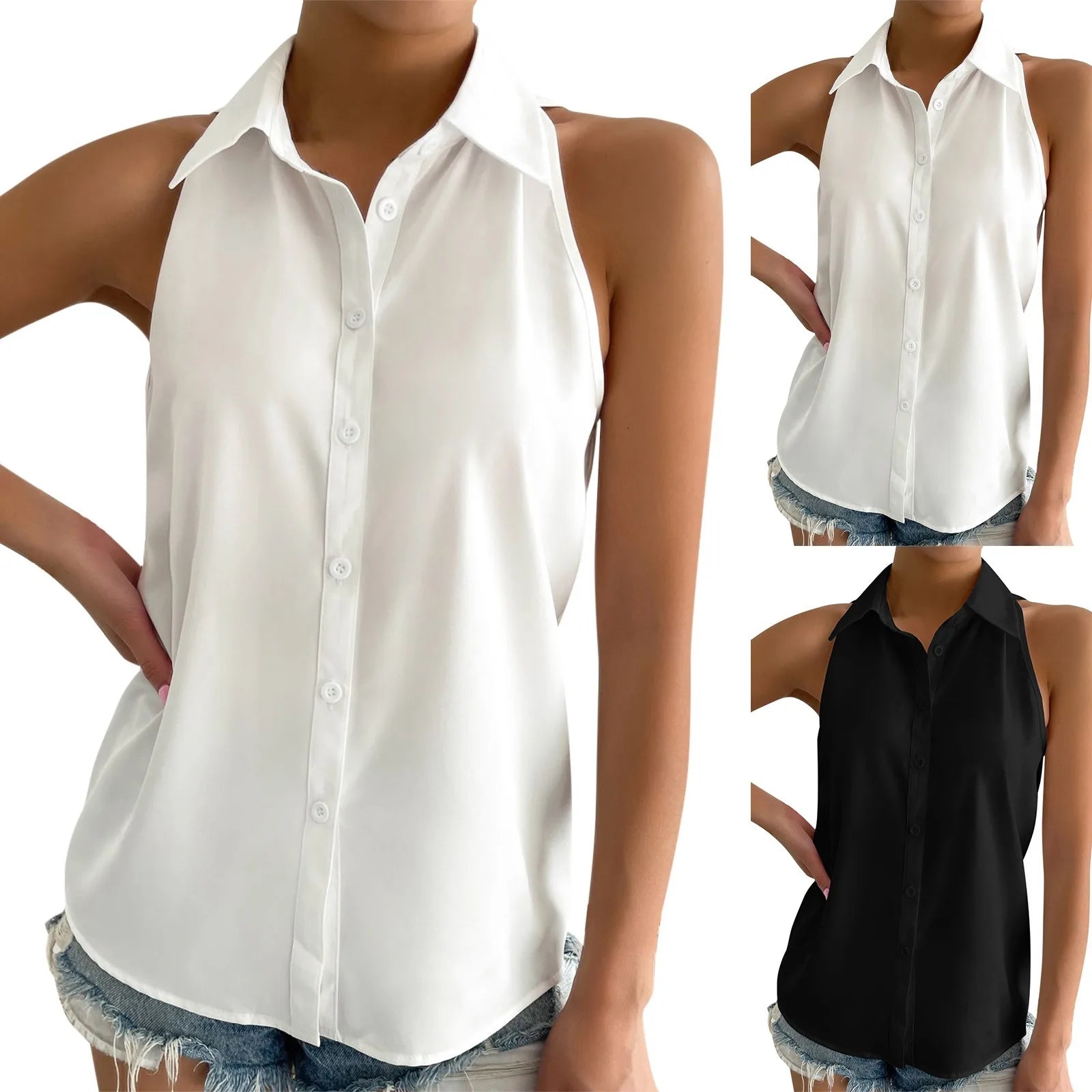 Women's Sleeveless Blouse Button Down Solid Color Casual Loose V Neck Chiffon Top for Work