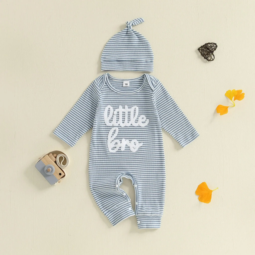 Baby Boys 2Pcs Autumn Striped Jumpsuit Long Sleeve Crewneck Letter Little Bro Embroidery Romper with Hat Set