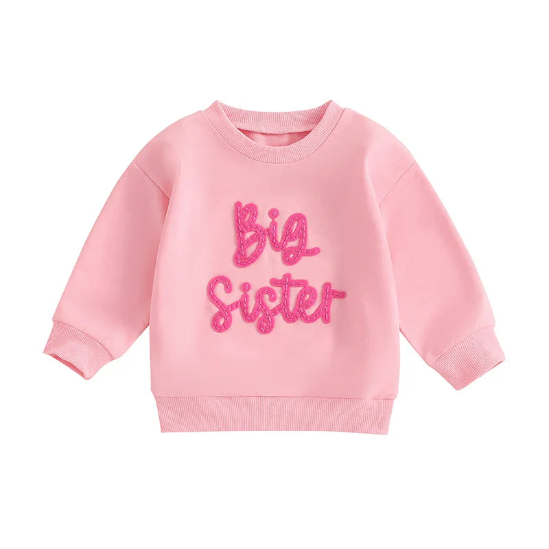 Toddler Kids Girls Big Sister Long Sleeve Crewneck Letter Embroidery Loose Fit Pullover Top