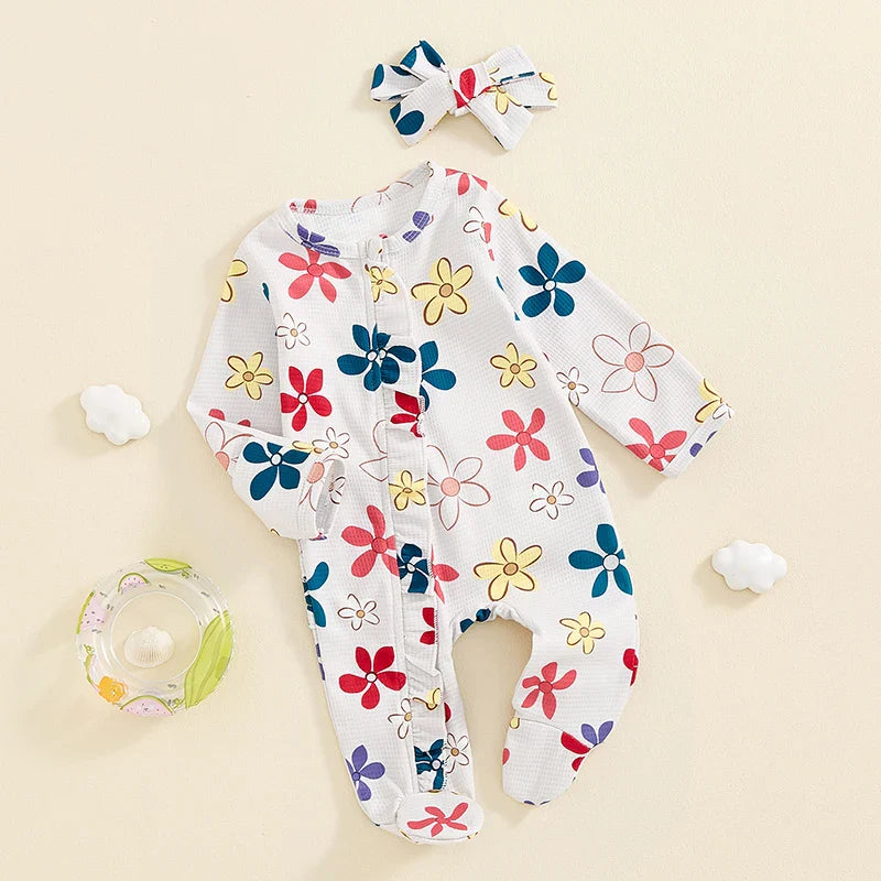Baby Girls 2Pcs Long Sleeve Strawberry Flower Butterfly Print Frills Zipper Footies Jumpsuit and Headband Romper Set