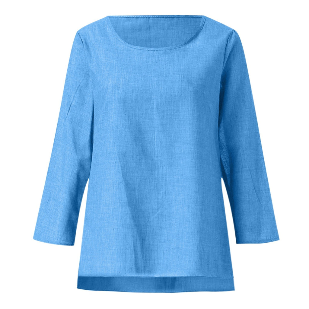 Vintage Cotton Linen Blouse Loose Blouses Summer Shirts Casual Long Sleeve Round Neck Solid Shirt