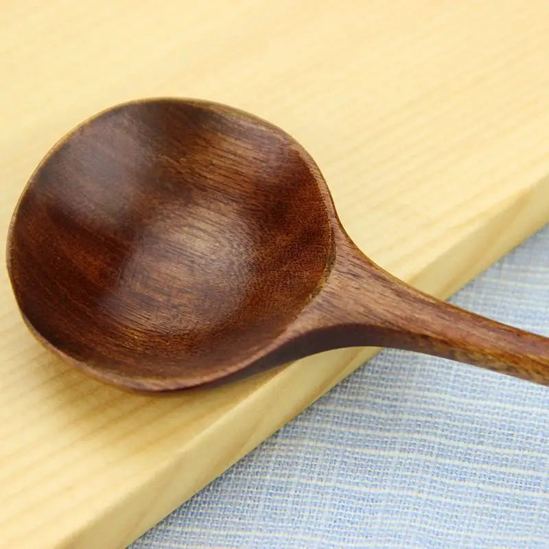 Korean Style 5 Pcs Long Spoons Wooden 10.9 inches 100% Natural Wood  Handle Round  for Soup Cooking Mixing Stirrer