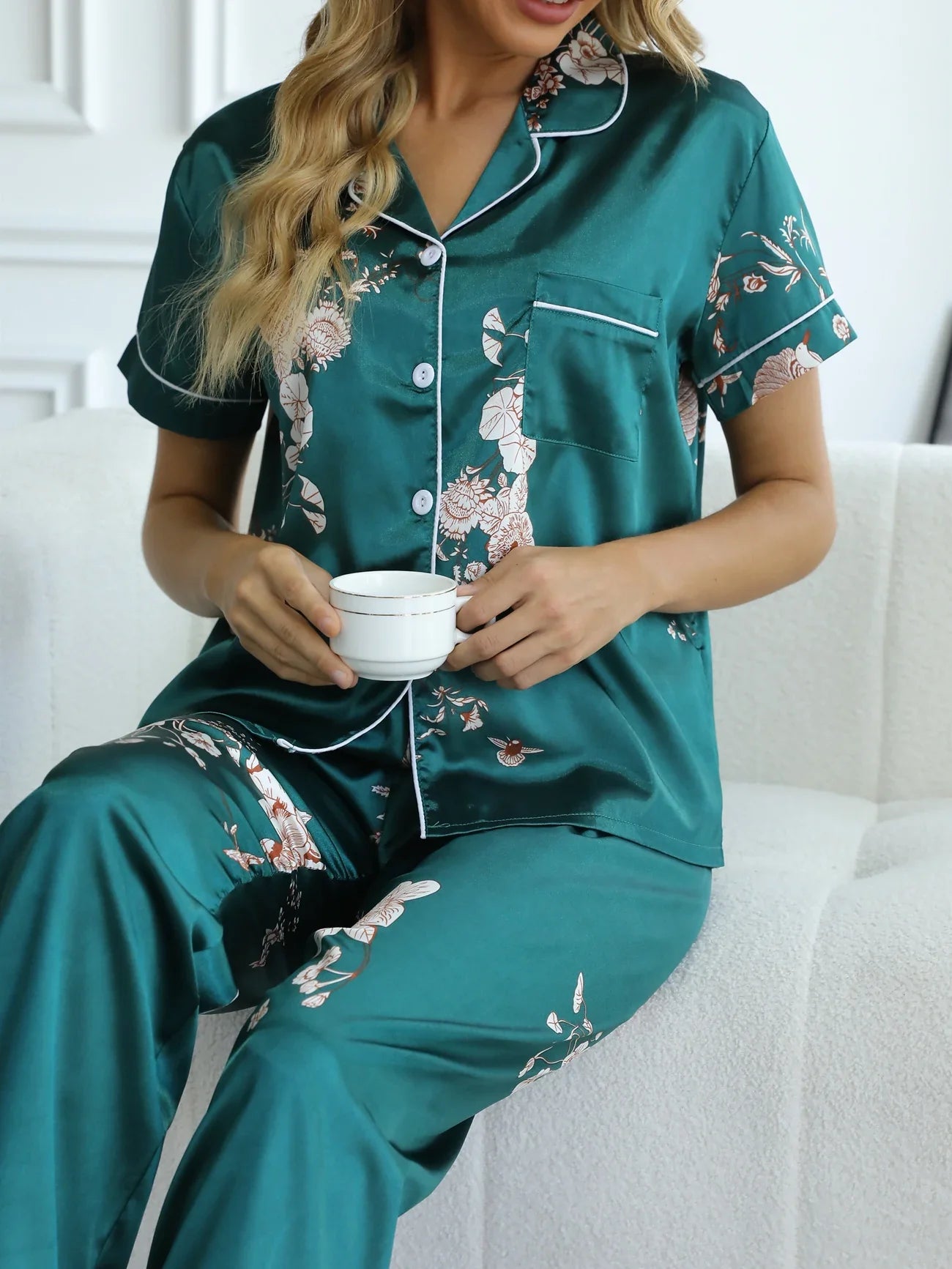 Green Floral Satin Pajama Set - Smooth & Comfortable Short Sleeve Pocket Lapel Top & Cozy Long Pants Women's Loungewear & Sleepwear