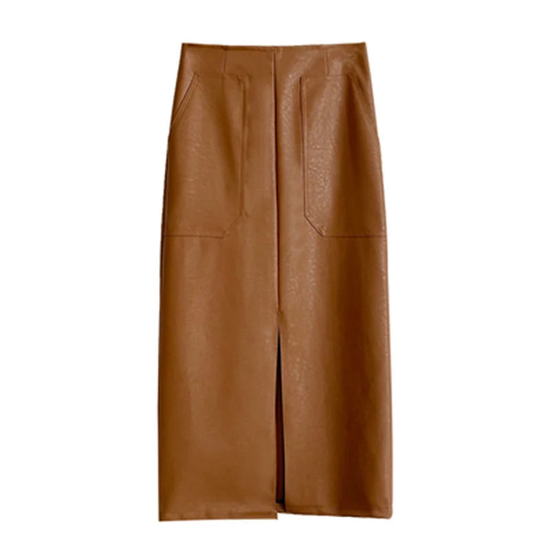 Slim Straight Faux Leather Skirt Women Chic Split Design Fashion