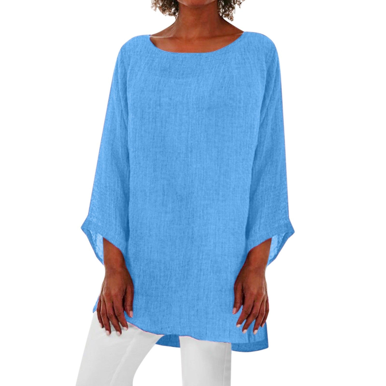 Vintage Cotton Linen Blouse Loose Blouses Summer Shirts Casual Long Sleeve Round Neck Solid Shirt