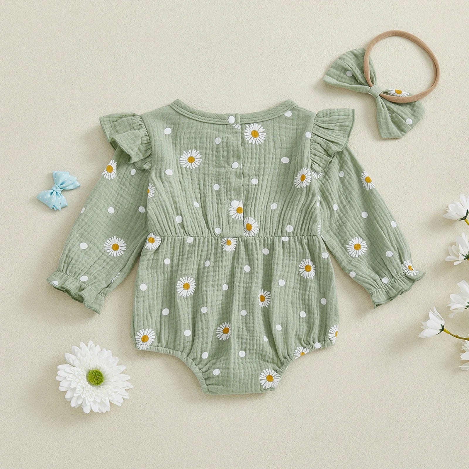 Baby Girl Fall Bubble Romper Daisy Print Long Sleeve Round Neck Bow Jumpsuit with Headband