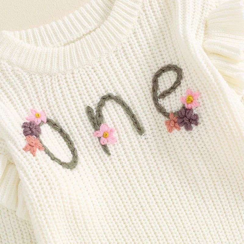 Baby Girl Birthday Sweater One Casual Floral Flowers Letter Embroidery Warm Long Sleeve Knitted Pullover Infant Knitwear Top