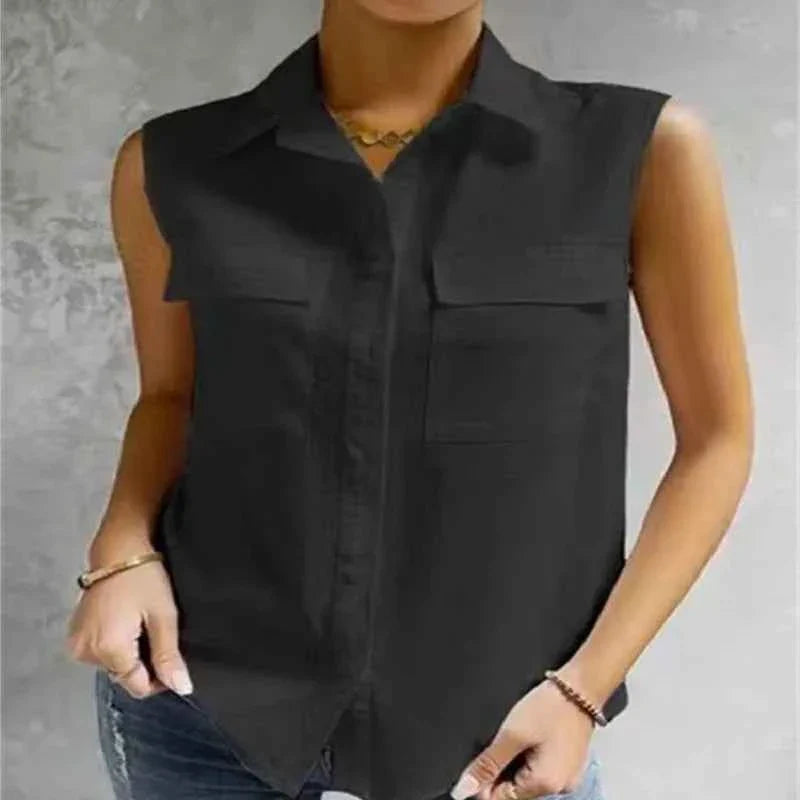 Sleeveless Lapel Shirt Solid Color Pocket Office Lady Casual Elegant Shirts & Blouses For Women Fashion Tops
