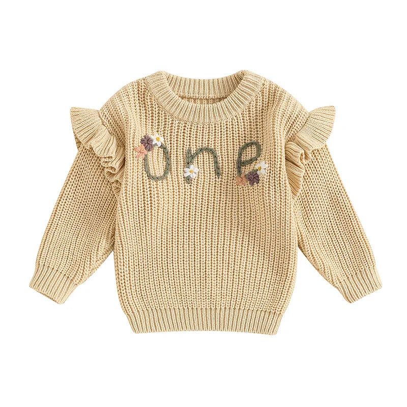 Baby Girl Birthday Sweater One Casual Floral Flowers Letter Embroidery Warm Long Sleeve Knitted Pullover Infant Knitwear Top