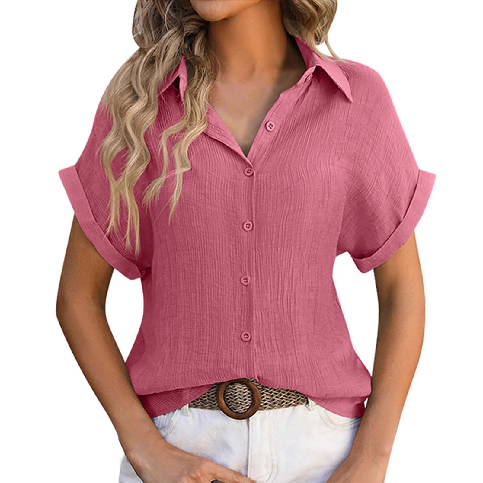Summer Solid Color Shirts Women Cotton Linen Rolled Up Short Sleeve Slim Fit Tops Mujer Beach Style Leisure Buttons Up Blouse