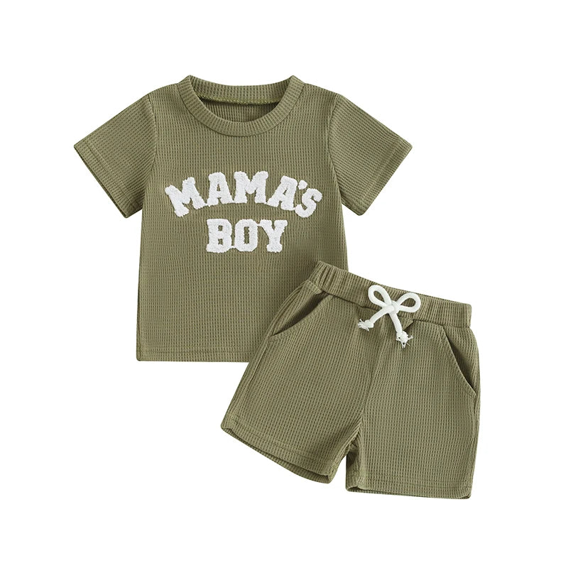 Baby Toddler Boy 2Pcs Mama's Boy Letter Embroidery Short Sleeve Top Matching Shorts Set Waffle Outfit