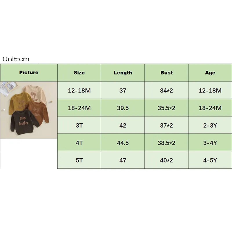 Toddler Kids Boys Sweaters Cotton Long Sleeve Letter Embroidery Big Brother Pullover Loose Knitwear Top