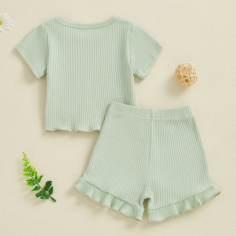 Baby Toddler Girls 2Pcs Ribbed Outfit Solid Color Short Sleeve T-Shirt Top Elastic Waist Ruffle Shorts Set